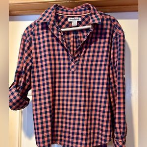 Women’s Tommy Bahama pink/navy checked blouse, size XS.